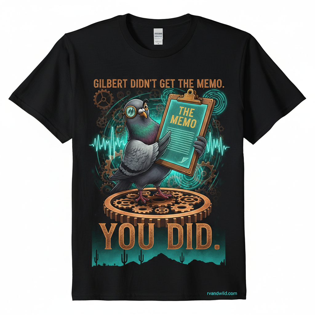 Gilbert Collection — Shirt Concept 2 — Gilbert Didn't Get The Memo You Did — Clipboard Raised — THE MEMO Document — Teal Glow — Gold Text — rvandwild.com