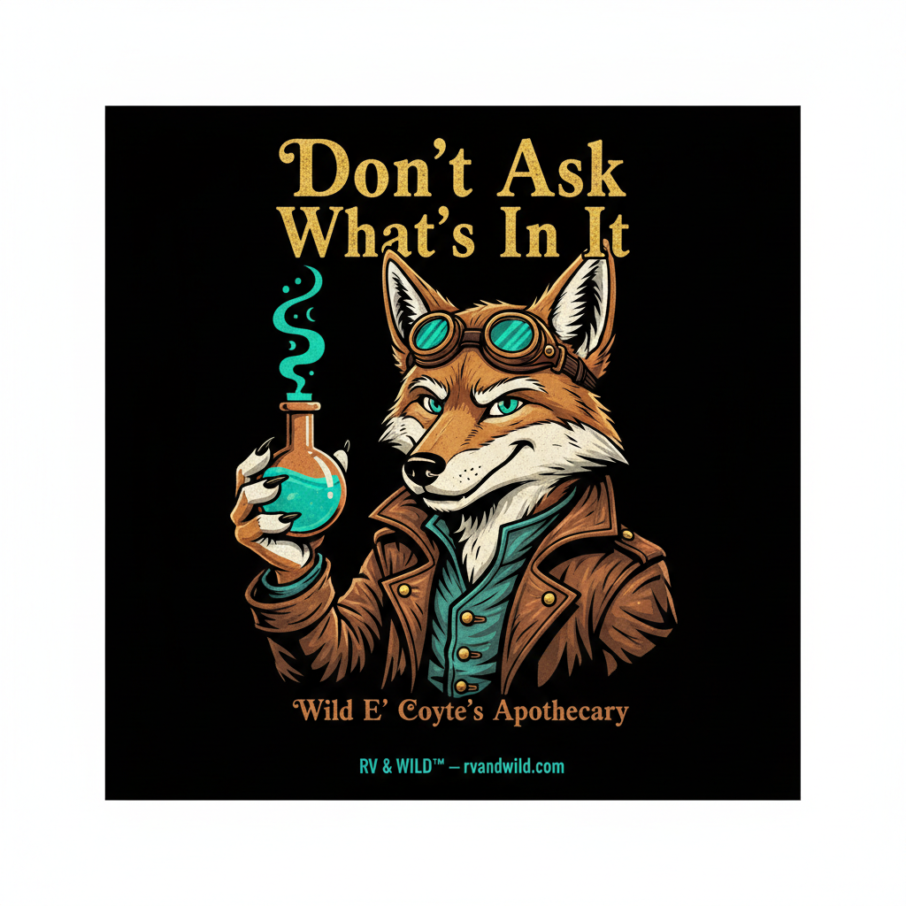 Wild E' Coyte — Don't Ask What's In It — Steampunk Apothecary — Glowing Vial — Y.O.Universal — rvandwild.com