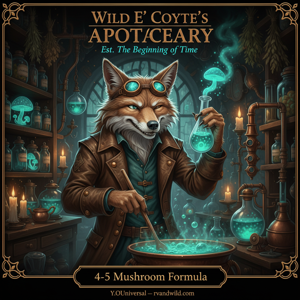 Wild E' Coyte's Apothecary Collection — Steampunk Alchemist Coyote — 4-5 Mushroom Formula — Copper Distillers — Teal Glow — Y.O.Universal — rvandwild.com