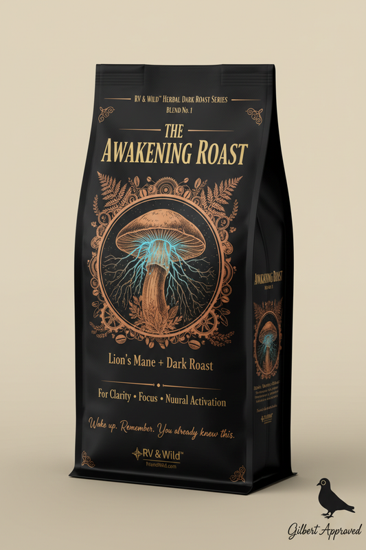 Blend No. 1 — "THE AWAKENING ROAST" — Lion's Mane + Dark Roast — "Wake up. Remember. You already knew this." — RV & Wild™