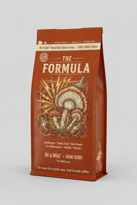 Blend No. 3 — "THE FORMULA" — Cordyceps + Turkey Tail + Dark Roast — "For once the coyote won. And he had coffee." — RV & Wild™ x ACME HERBS